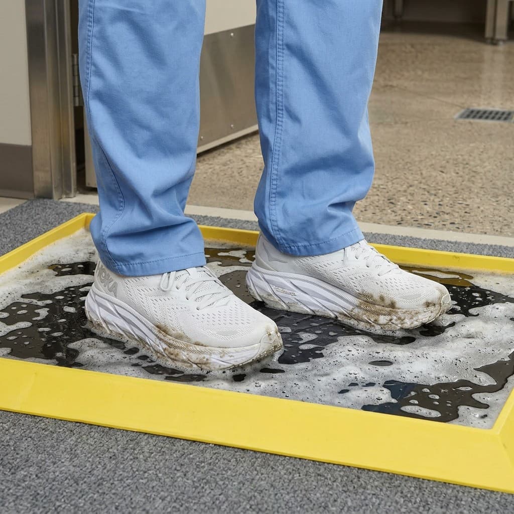 Close view of footwear submerged in a yellow chemical foot mat with dark disinfectant solution and white foam at a facility entry.