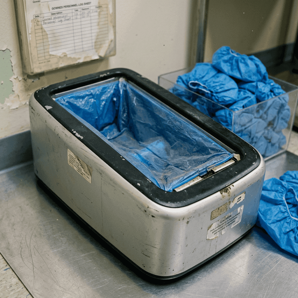 Automatic shoe cover dispenser with disposable cover supplies at a facility entry.