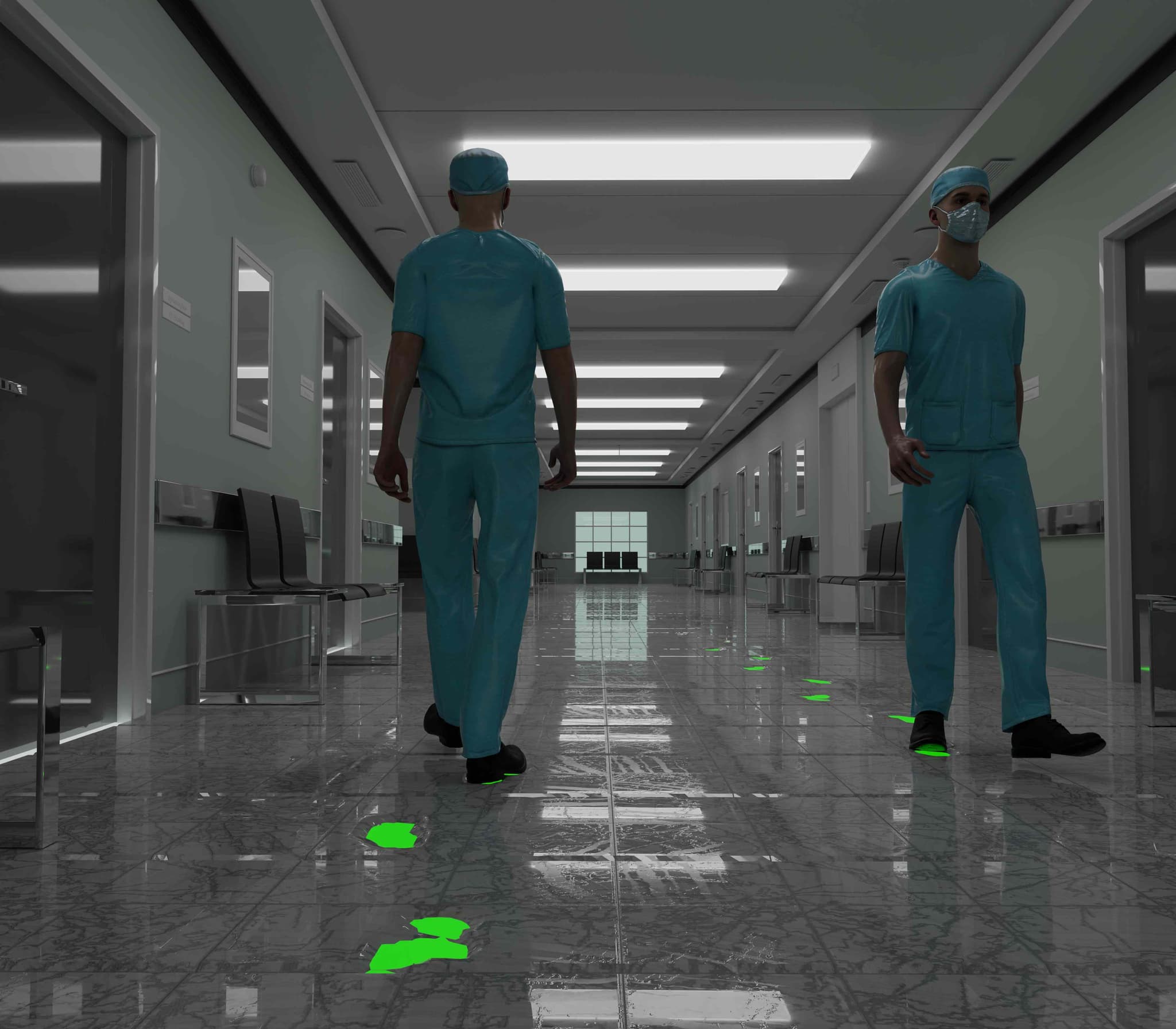 Hospital corridor showing pathogen spread