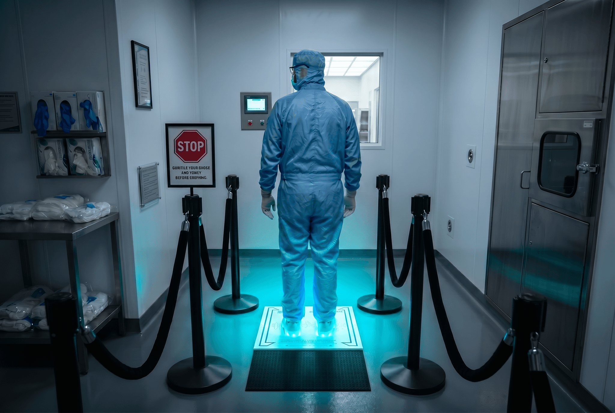Lab worker standing on the Patho3Gen UV Zone Shoe Sanitizing Machine