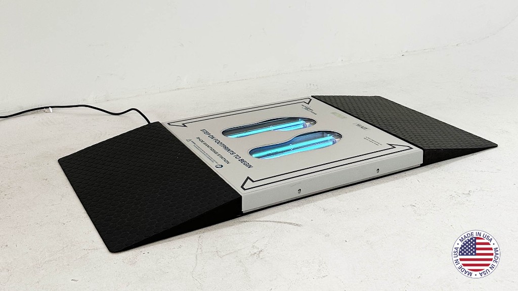 UVZone shoe sanitizing station with entry ramps, footprint windows, and UV-C lamps visible inside
