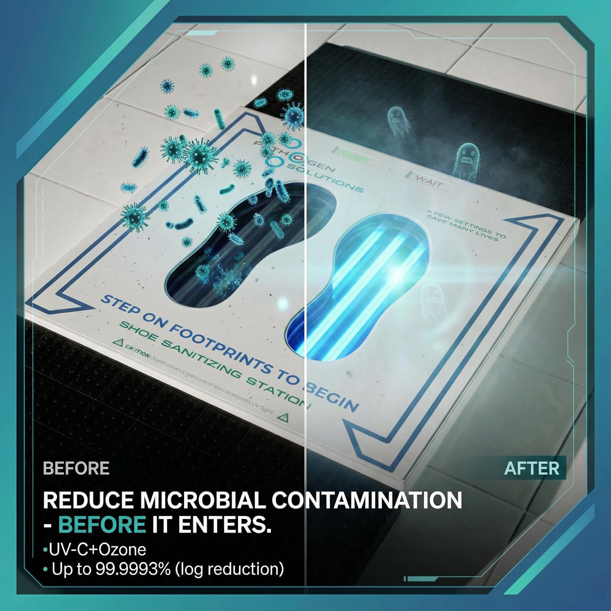 Before and after comparison showing UVZone reducing microbial contamination at the cleanroom entry point