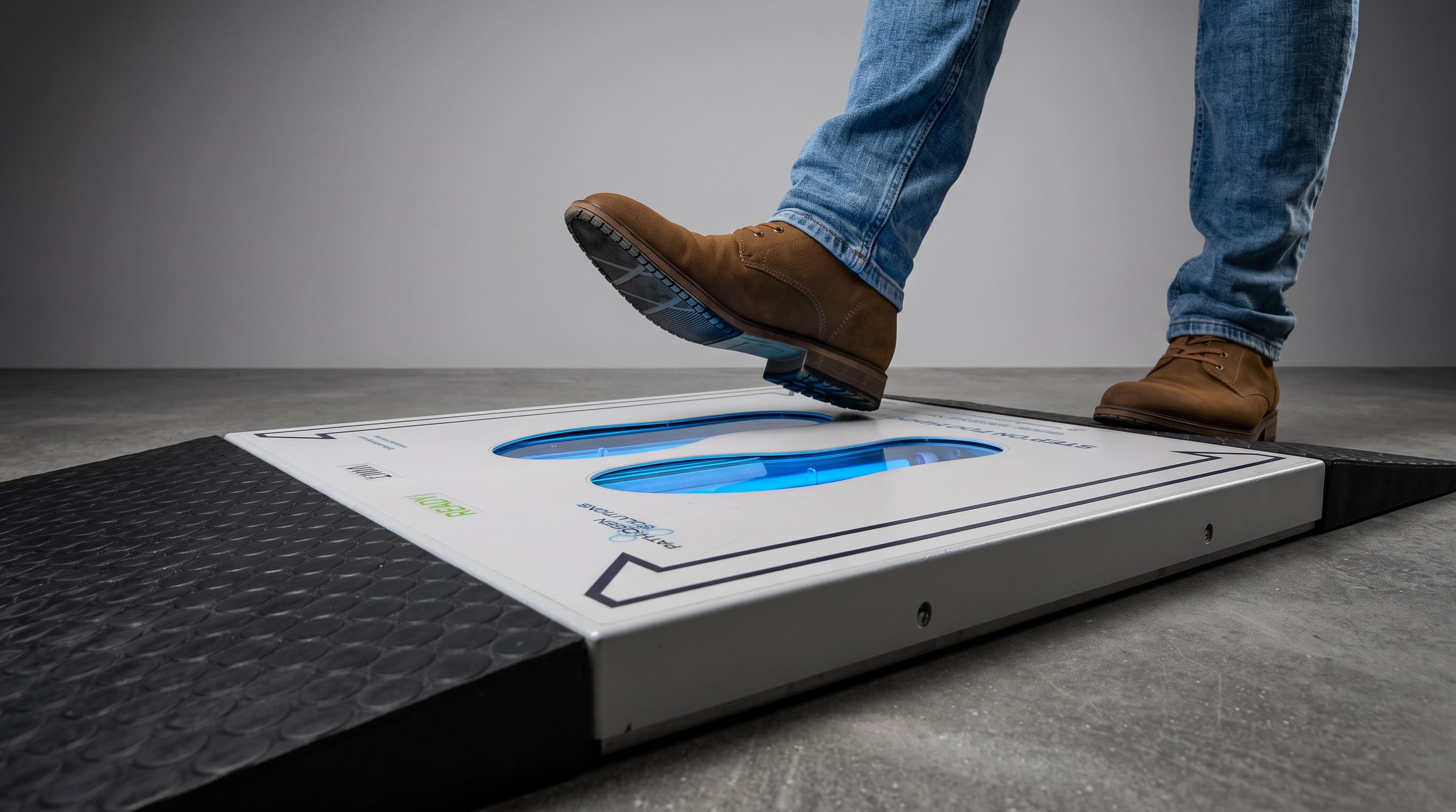 A worker in boots stepping onto the UVZone automated shoe sanitizing station, its footprint cavities glowing with blue UV-C light