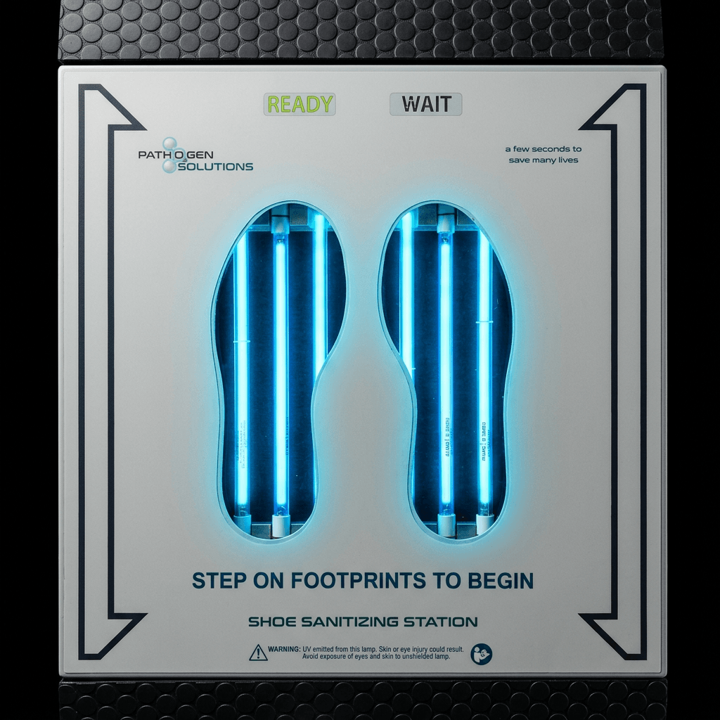 Top-down view of the UVZone shoe sanitizing station showing the READY and WAIT indicators and two footprint cavities glowing with blue UV-C light