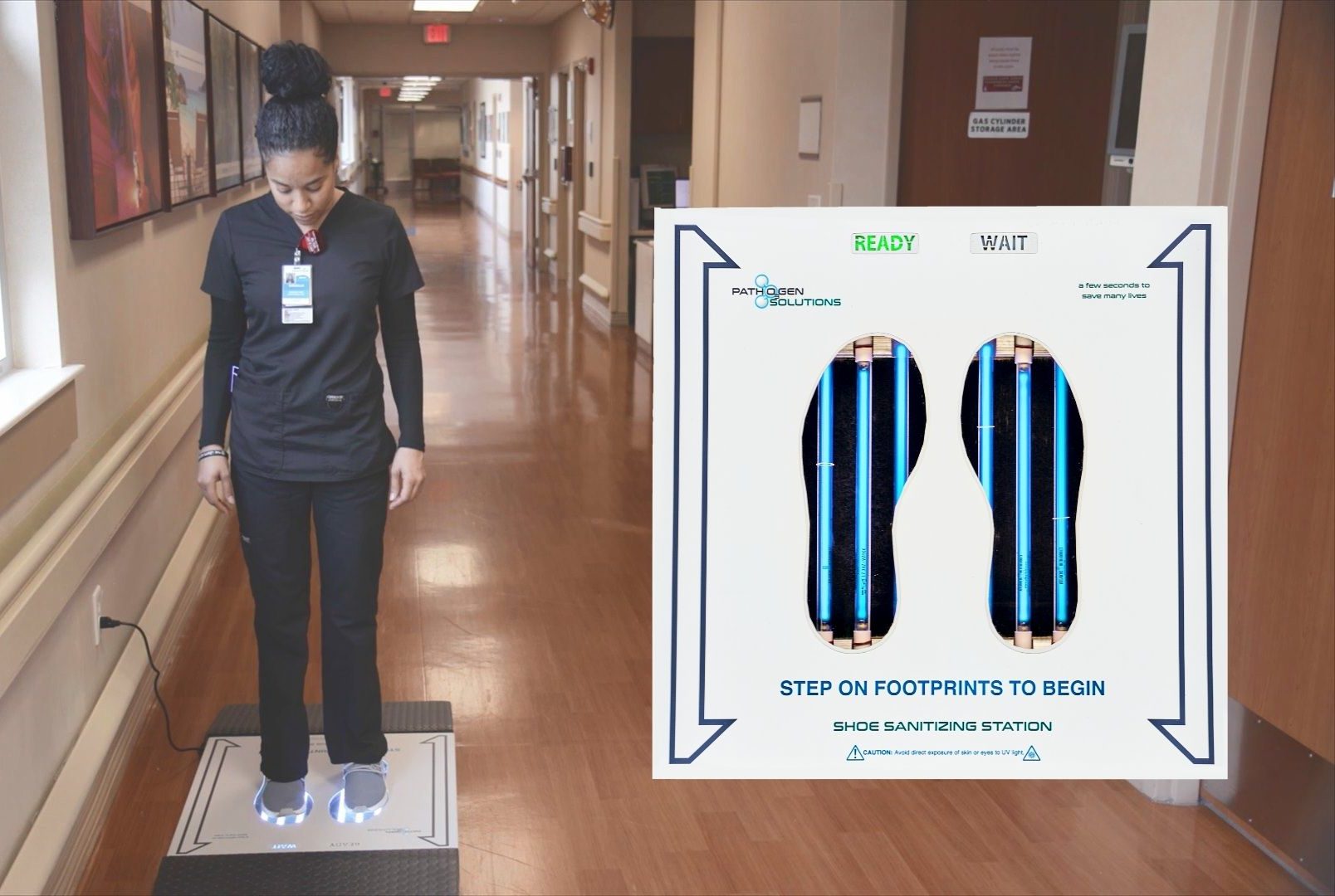 A nurse in scrubs utilizing the PathO₃Gen Solutions' UVZone® Shoe Sanitizer in a hospital setting to maintain footwear hygiene.