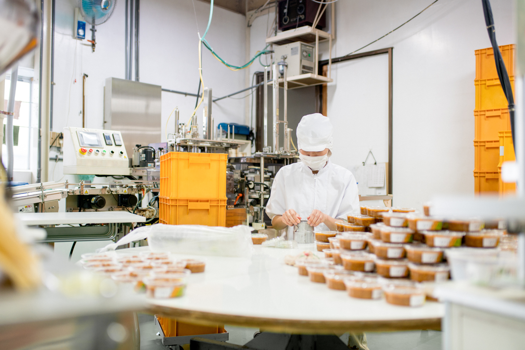 Factory worker processing food