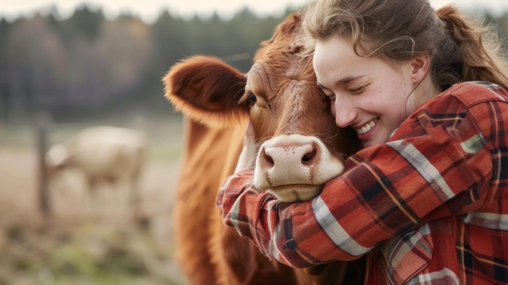 Portrait Farmer Happy young woman hugging cow, concept veterinary health care. Concept agriculture cattle livestock farming industry.